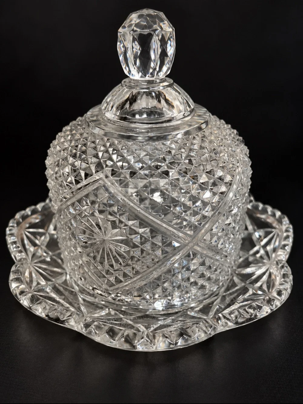 Avon Fostoria Diamond Point Stars Glass Covered Dish Candy Butter 6” 2 Piece